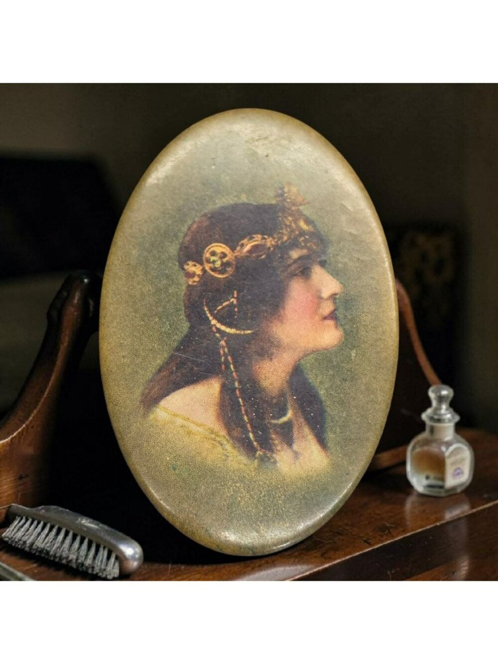 Antique Egyptian Revival Miniature Oval Mirror Lady Portrait Design 2.75"x1.75"